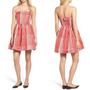 Vineyard Vines Red White Multi Scale Gingham Strapless Silk Mini Dress Size 0
